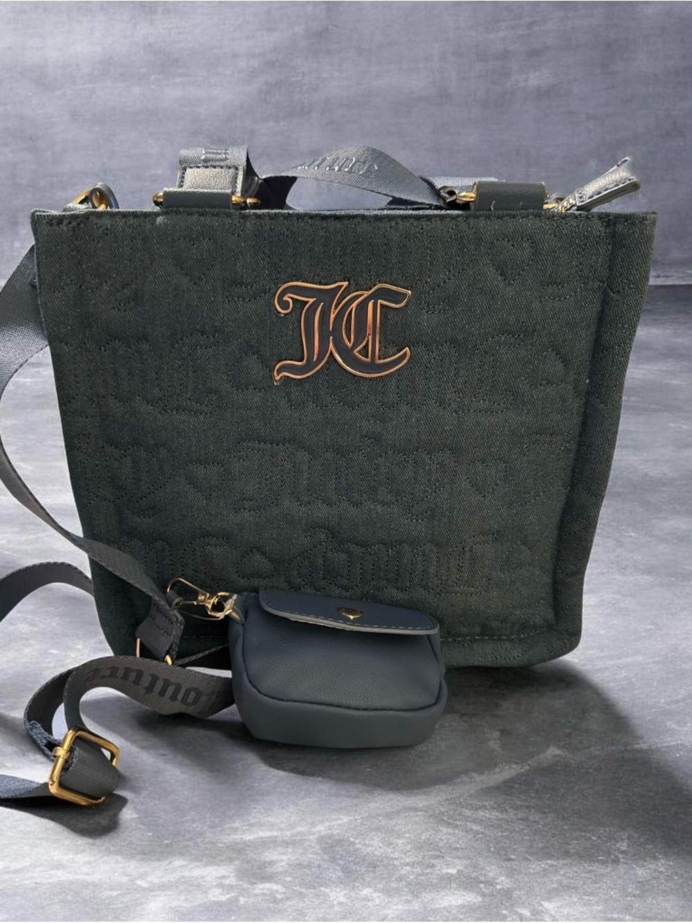 Juicy Couture Quilted Dark Green Tote with Gold Logo and Removable Pouch